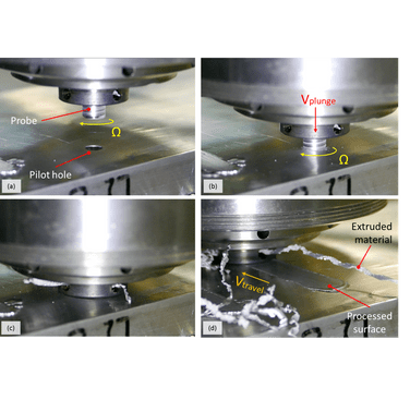 Figure 5. Main stages of CoreFlow™: (a) Start of probe spindle rotation; (b) Plunge into workpiece; (c) Shoulder contacts the workpiece; (d) Formation of sub-surface channel as the tool traverses