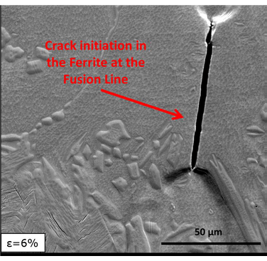 Figure 2. Quasi-in-situ scanning electron microscopy straining of specimen taken form a TIG welded pipe.  Detail of the heat affected zone with crack nucleation at 6% strain