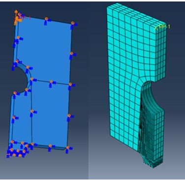 Figure 2. FEA boundary conditions and meshing size used to determine the effect of width of the waisted section, and loading hole diameter, on the elongation in the loading holes