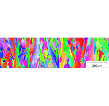 Figure 1: EBSD inverse pole figure (IPF) map of Alloy 718 L-PBF taken transverse to the building direction in the as built condition