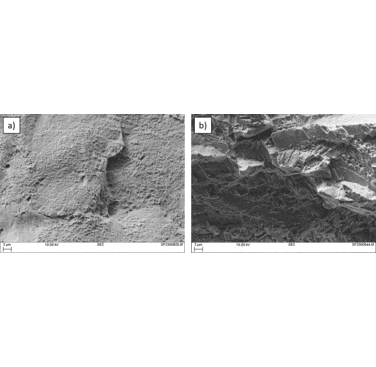 Figure 2: Scanning electron micrographs of the fracture surfaces of Alloy 718 L-PBF specimens printed with the longest specimen in the horizontal (Y) direction. Specimens were heat treated in accordance with API 6ACRA N07718 150K. Nominal scale bars are shown:
 a) Image of specimen Y9 tested in air taken near the edge of the specimen, showing evidence on microvoid coalescence indicative of a ductile failure;
 b) Image of specimen Y2 tested under CP taken near the edge of the specimen, showing brittle fracture surface indicative of hydrogen embrittlement