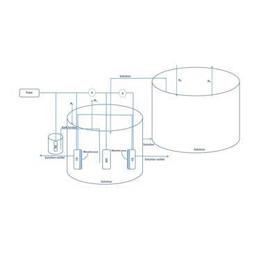 Figure 5. Schematic drawing of the configuration for testing in de-aerated seawater, where: RE = Reference electrode, which allows measurement of the voltage during testing. CE = Counter electrodes, from which the impressed current for the cathodic protection is applied WE = Working electrode, which is the steel specimen under test