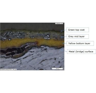 Figure 9. Cross sectional image of a paint flake using optical microscopy