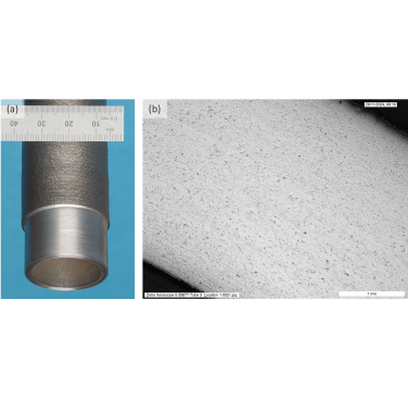 Figure 4: (a) ODS Eurofer97 blanket tube demonstrator (300mm long, 25.4mm inner diameter, 3.5mm thickness), with the outer surface of the lower end machined, and (b) representative optical cross-sectional microstructure of a tube section