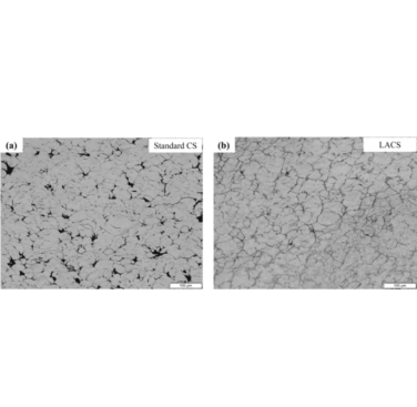Figure 14. Optical micrographs of Ti6Al4V deposits comparing mesostructure, illustrating the presence of pores/defects in standard Cold Spray (CS) and Laser Assisted Cold Spray (LACS) deposits