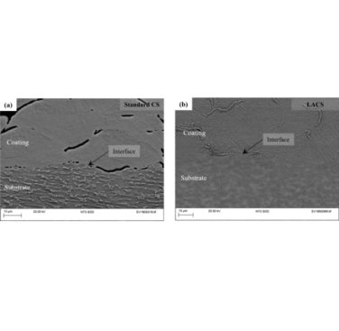 Figure 15. Cross-sectional SEM microstructure of interfaces showing Cold Spray (CS) and Laser Assisted Cold Spray (LACS) deposits of Ti6Al4V onto Ti6Al4V substrates