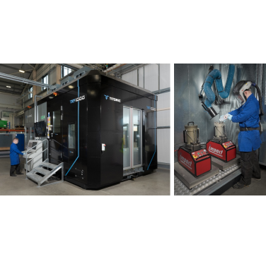 Figure 1. TWI’s Titomic TKF-1000 Cold Spray Additive Manufacturing (CSAM) cell, featuring a dual powder feeder suitable for co-deposition of powders, enabling functional grading or multi-material deposition