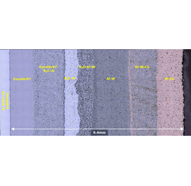 Figure 2. Representative stitched images of the cross-section of the as-deposited CSAM small-scale graded-Z shielding demonstrator, showing the layer sequence from substrate to outer surface