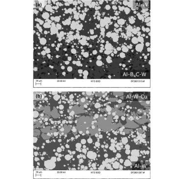 Figure 3. Example SEM images showing FGM interfaces: (a) Al-B4C-W to Al-W, (b) Al-W to Al-W-Cu