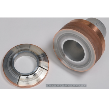 Figure 5. CSAM small-scale graded-Z shielding demonstrator (cylindrical geometry) after post-processing: 89mm internal diameter, 178.6 mm outer diameter, and 38.5 mm wall thickness. Layer sequence (from substrate to outer surface): Al substrate → Eurofer97 → Eurofer97-Al-B4C → Al-B4C → Al-B4C-W → Al-W → Al-W-Cu → W-Cu