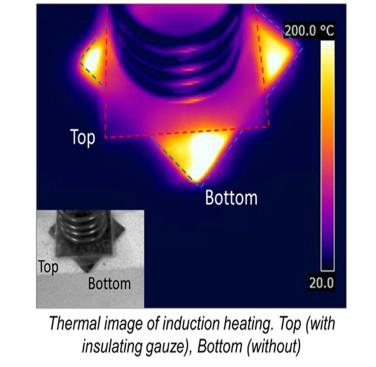 Figure 2. Thermal image of induction heating with insulating gauze (top) and without (bottom)