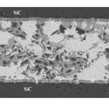 Figure 6. Cross-section of a ceramic-reinforced brazed joint in silicon carbide; brazed with Cu-Ag-Ti-10%SiC