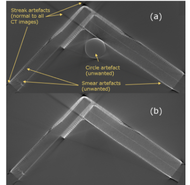 Figure 24. Cross-section of a large polymer composite joint using data from an offset CT scan:
a) With no processing of X-ray images, showing artefacts due to the offset
b) After use of the tailing technique, showing removal of artefacts due to the offset
