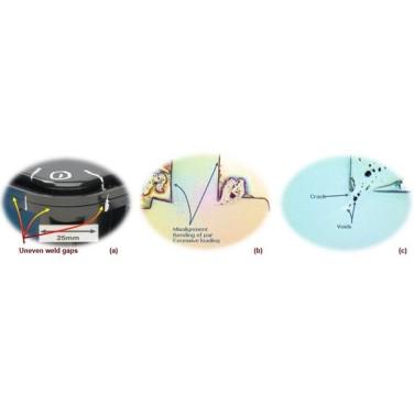 Figure 4. Showing welding quality issues: a) Poor weld gap across part's perimeter; b) Excessive uneven loading of the part; c) Voids and cracks at the foot of the weld