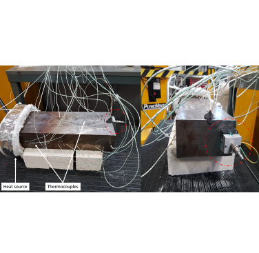Figure 2. Experimental measurement of ultrasound velocity and attenuation. The steel block is heated at one end by a heating pad, with thermocouples used to log the temperature. The dotted red circle shows the ultrasonic probe