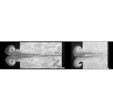 Figure 1. Longitudinal and transverse macrographs of a linear friction weld in Al-Cu-Li 2099 alloy
