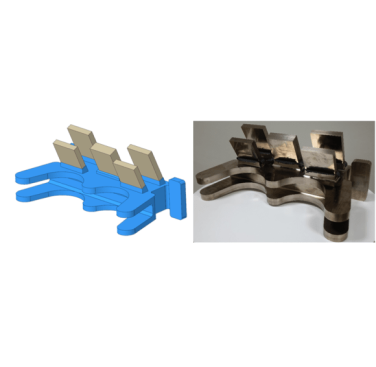 Figure 29. Rear engine fitting full scale demonstrator - (Left) Computer aided model produced prior to project initiation. (Right) photographed following LFW completion. For scale the component width is approximately 600mm and the height approximately 400mm