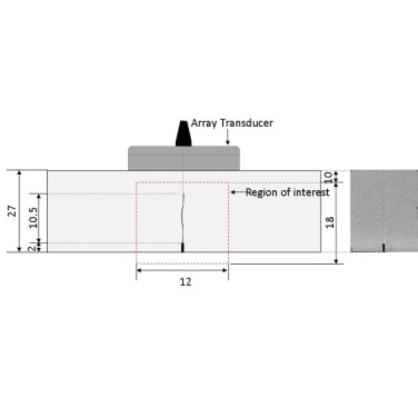 Figure 3. Aluminium sample with fatigue crack used in the experiments. All dimensions in millimetres