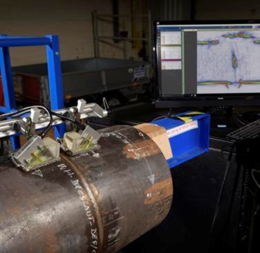 Figure 5. Full matrix capture inspection of a pipeline girth weld sample using TWI’s Crystal testing software. Half skip, full skip and self-tandem modes considered, along with a pitch catch channel