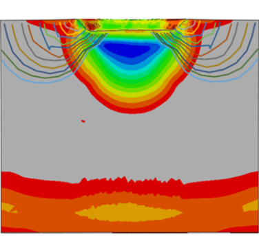 Figure 5. FLECTION project - Fatigue crack front propagation on the compressive residual stress contour plot