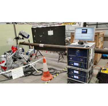 Figure 4. Experimental set-up for laser vibrometer experiments at TWI on a 6 inch diameter steel pipe