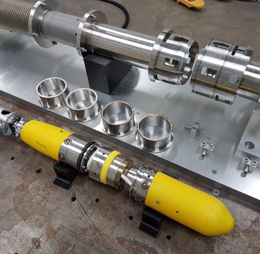 Figure 28. Pipe cutting rig (top), cut coupons (middle) and integrated in-bore cutting tool 
