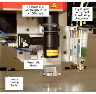 Figure 33. A dual wavelength diode laser, with associated spray dispenser, clamp, and 2-axis 
table