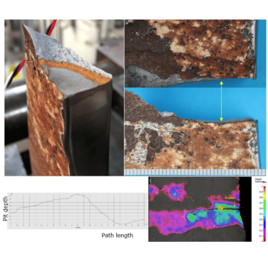 Figure 2: From top left, fracture faces of a specimen extracted from a corroded brace after testing in air. Map of the corroded surface. Line profile from the map showing the geometry