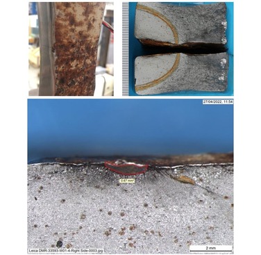 Figure 3: From top left, fracture faces of a specimen extracted from a corroded brace after testing in air. Map of the corroded surface. Line profile from the map showing the geometry 
