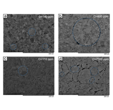 Figure 7. SEM backscattered micrographs of as-HIPed AGA (a); NGA (b); PA (c); WA(d); (PPBs highlighted in blue) 