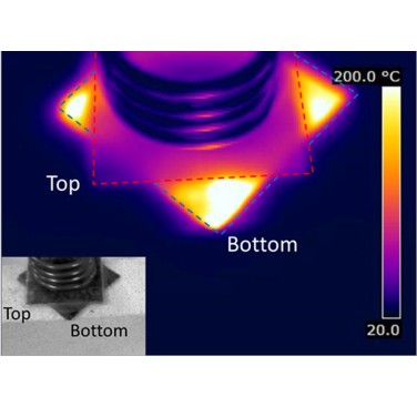 Figure 12. Thermal image of induction heating with insulating gauze (top) and without (bottom)