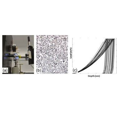 Figure 11 (a) Nano-indentation equipment at TWI; (b) typical heterogeneous microstructure of a multi-phase structural steel; (C) nanoindentation load-depth measurements on a heterogeneous microstructure