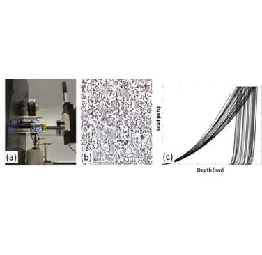 Figure 11 (a) Nano-indentation equipment at TWI; (b) typical heterogeneous microstructure of a multi-phase structural steel; (C) nanoindentation load-depth measurements on a heterogeneous microstructure