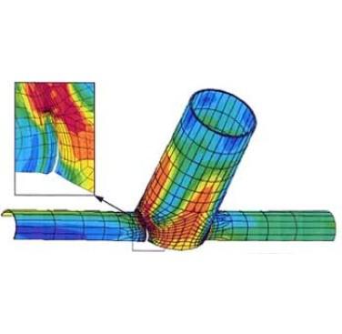 Figure 14. Finite element model of a cracked joint. The model was loaded at the left of the picture, through the brace, and constrained at the right of the picture. Symmetry means that only half the joint needs to be meshed