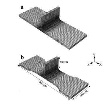 Figure 11. a) Initial weld model, b) test specimen model following cutting