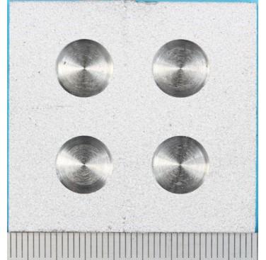 Figure 1c: Photographs of specimens before testing showing holiday (defect) size and distribution. Specimens were approximately 40mm×40mm. The percentage of defect area is approximately ~18% 