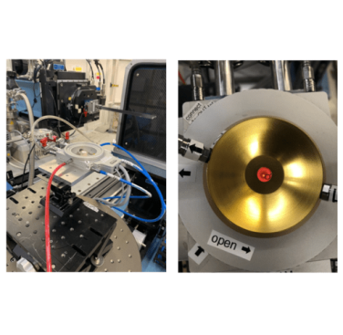 Figure 2. Synchrotron X-ray experimental setup. Linkam furnace apparatus (left), sample during brazing cycle (right)