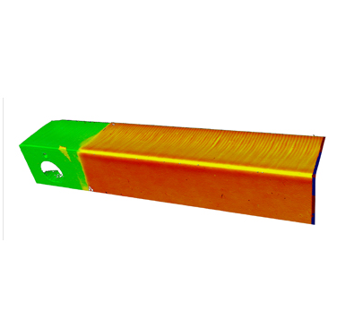 Figure 3 False colour representation of nearest neighbour distance between scans of coated and uncoated edges, mapped onto scan data of the coated edge. This distance measures the minimum coating thickness at any given location. 