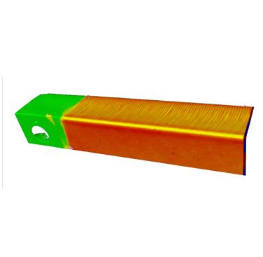 Figure 3 False colour representation of nearest neighbour distance between scans of coated and uncoated edges, mapped onto scan data of the coated edge. This distance measures the minimum coating thickness at any given location. 