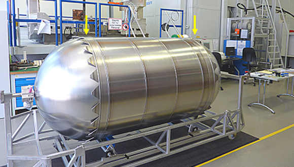 Figure 5: Electron beam welding installation used to join the bipropellant tank for Orion's European Service Module. Detail of end skirt lugs to satellite propellant tanks (courtesy of Airbus UK)