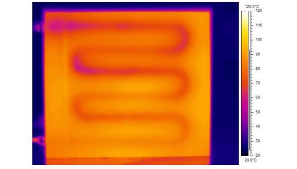 Cooling plate demonstrator (b) Infrared thermal imaging evidencing circulation of liquid coolant through heated plate demonstrator