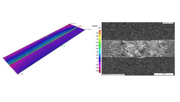 Low profile laser butt weld between thin sheets: cross-section (right) and laser surface scan (left)