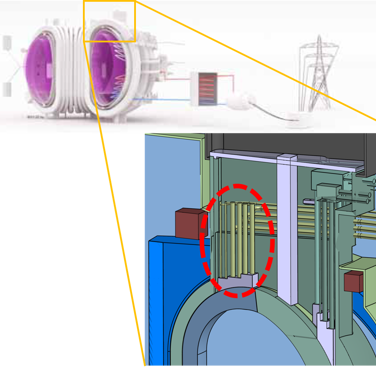 Schematic of one design of a nuclear fusion reactor, highlighting an example of in-bore pipe maintenance requirements (circled)