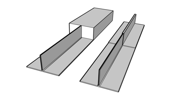 Figure 1. Illustration of titanium T-joint machined from a solid block (left) or machined from a near net shape component fabricated from base and leg plates using SS-FSW (right)