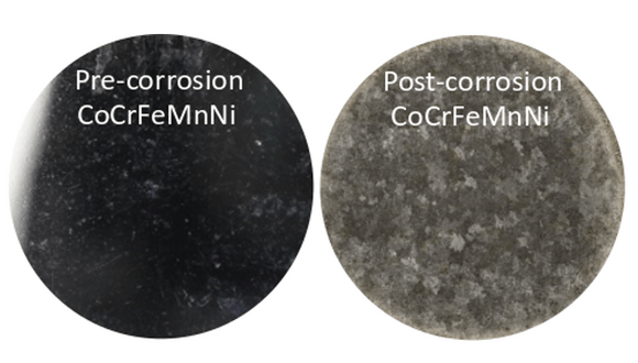 Figure 1. Induction melted equimolar Cantor (CoCrFeMnNi) alloy shown pre- (left) and post-potentiodynamic polarisation corrosion test in H2SO4/HNO3 (pH~2) acidic environment. The alloy has been tested in the initial stages of the project together with other 30 induction melted alloys. Analysis of these corrosion experiments will allow specific alloys to be selected for subsequent high-throughput specimen preparation by means of PVD deposition