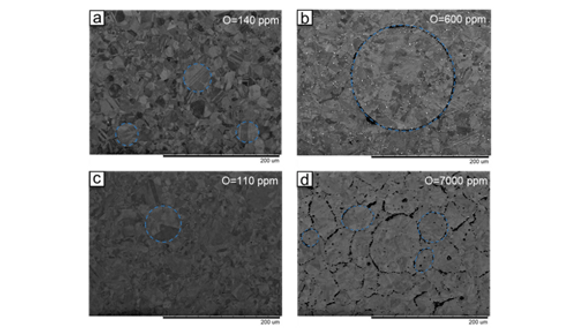Figure 3. SEM backscattered micrographs of as-HIPed AGA (a); NGA (b); PA (c); WA(d); (PPBs highlighted in blue)