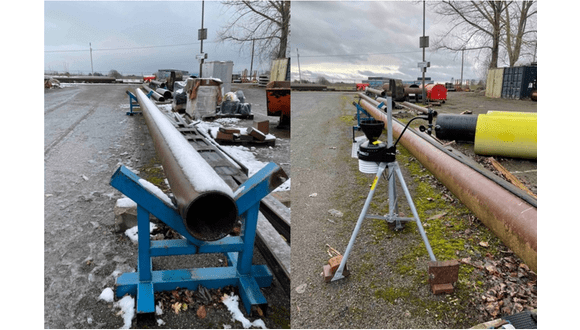 Figure 1. (left) Pipe before installation (right) WrapSenseLD installed with Weather Station