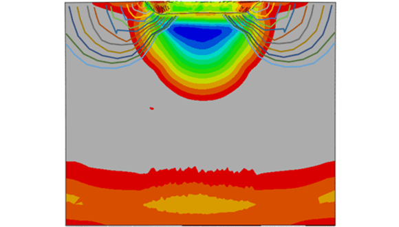 Figure 1. Fatigue crack front propagation on the compressive residual stress contour plot