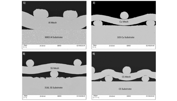 Optical image of the cross-sectioned part of the 1) Al woven hi-mesh to 3003 Al substrate 2) Cu woven hi-mesh on 103 Cu substrate, 3) 316L SS hi-mesh woven hi-mesh on 316L SS substrate and 4) Mild steel woven hi-mesh on P355NH CS substrate.