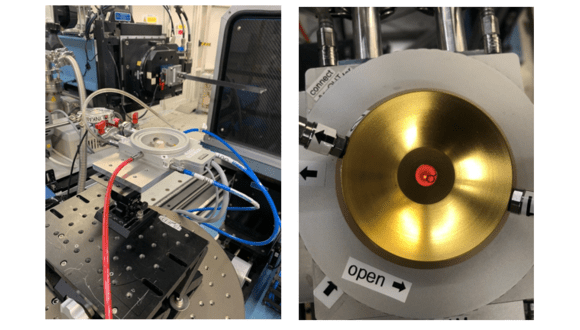 Figure 1. Synchrotron X-ray experimental setup. Linkam furnace apparatus (left), sample during brazing cycle (right)